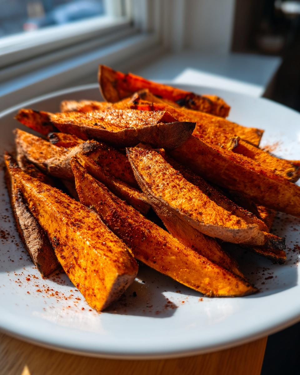 A close-up of a pile of perfectly seasoned Roasted Sweet Potato Wedges on a light blue plate, catching bright sunlight.