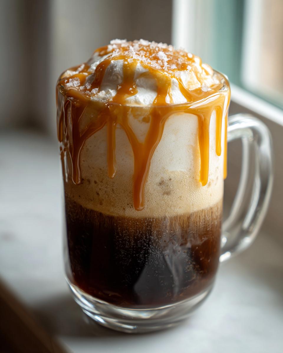 A refreshing Salted Caramel Mocha Latte layered in a glass mug, topped with whipped cream, caramel drizzle, and sea salt.