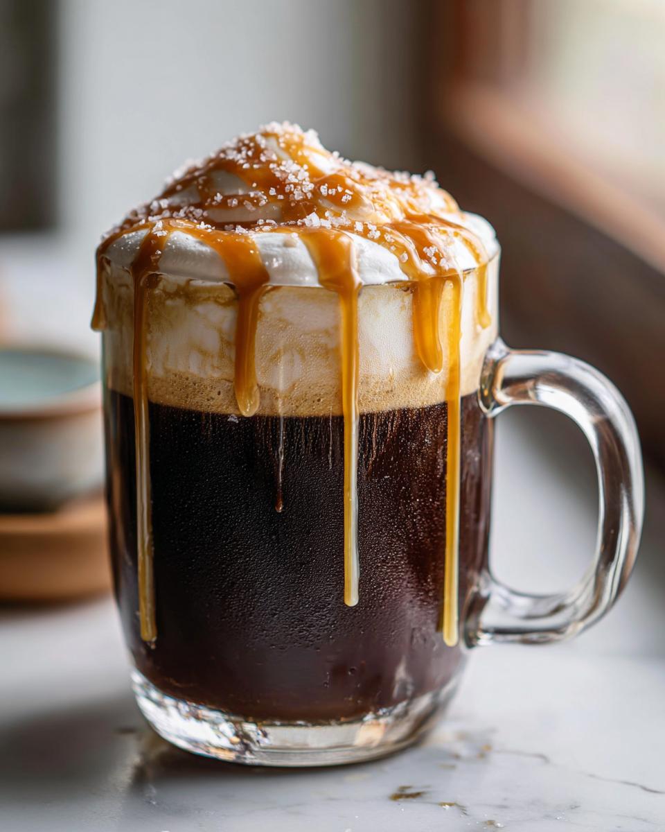 Close-up of a rich Salted Caramel Mocha Latte topped with whipped cream, caramel drizzle, and sea salt.