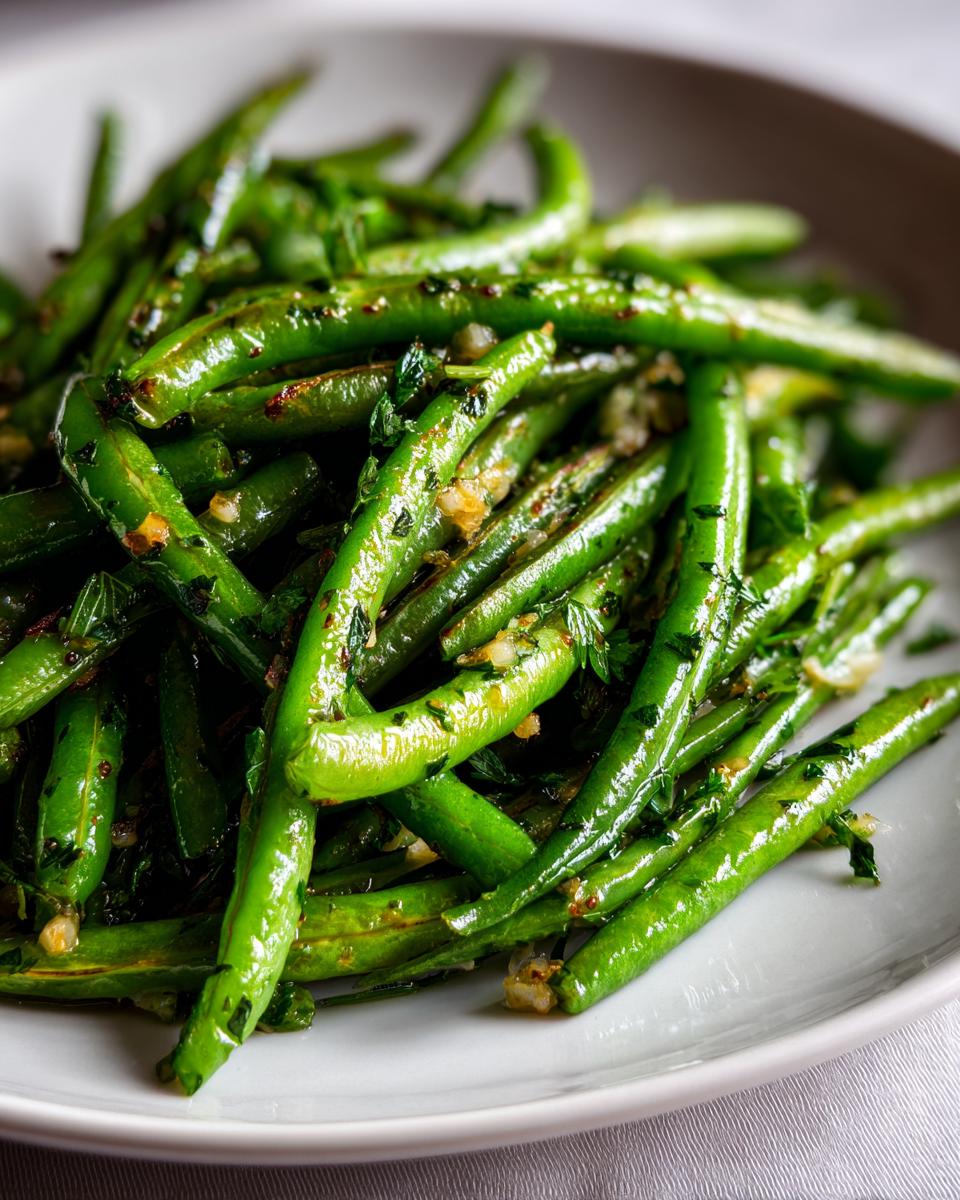 A close-up shot of vibrant green beans tossed with garlic and herbs, ready to serve as Sauteed Lemon Garlic Herb Green Beans.