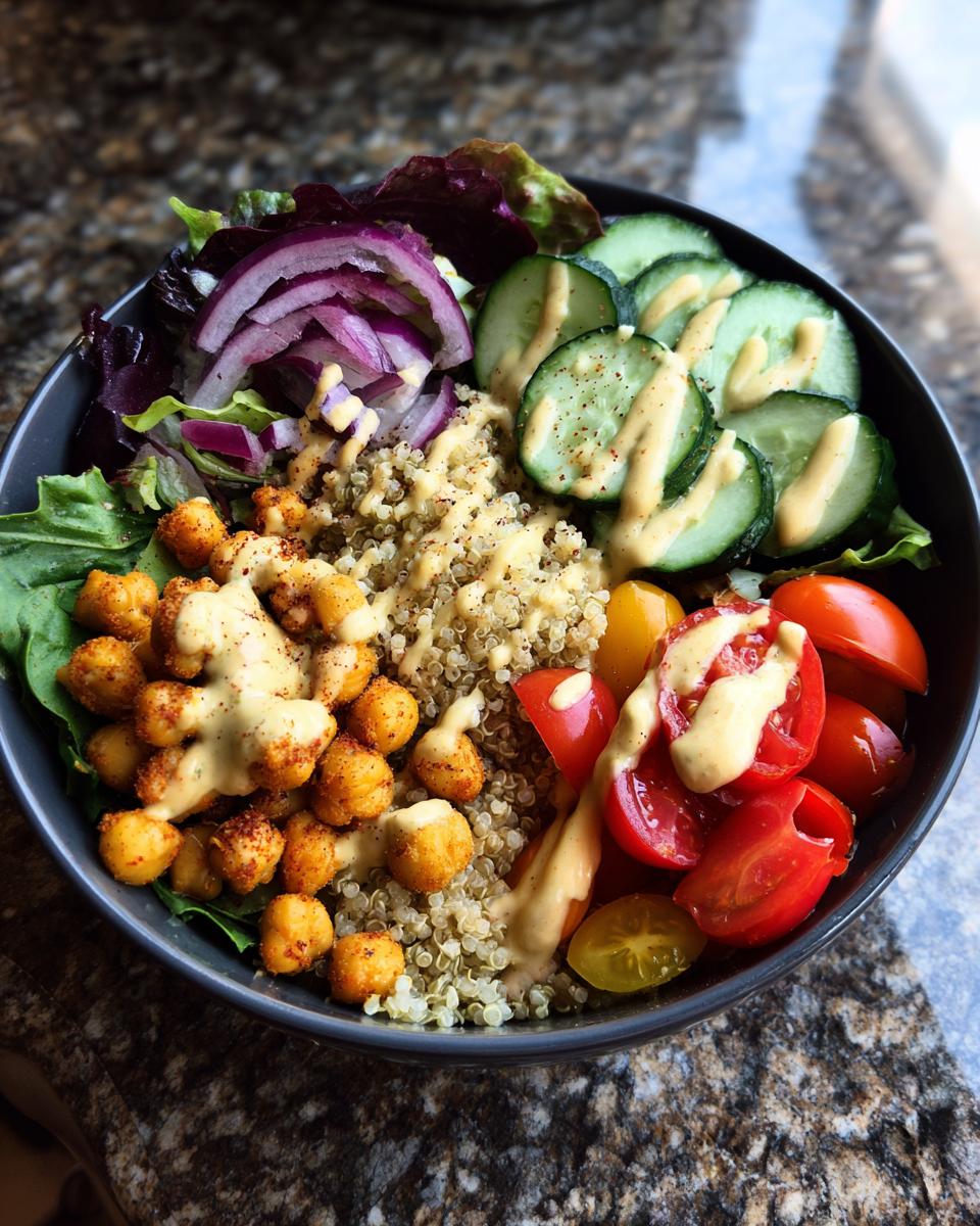 Overhead view of a Savory Chickpea Quinoa Buddha Bowl topped with sliced cucumbers, tomatoes, red onion, and creamy dressing.