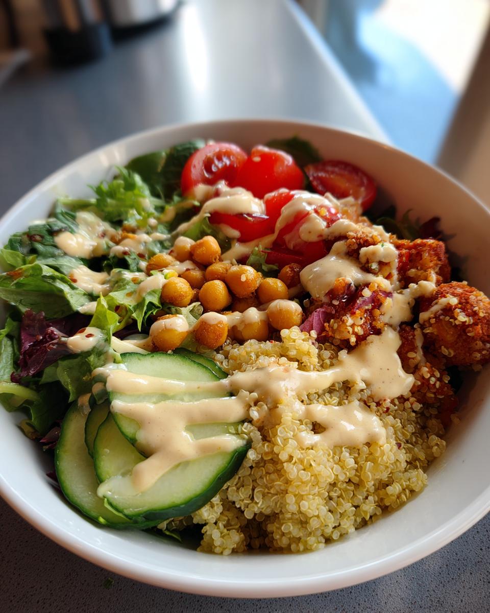 Close-up of a Savory Chickpea Quinoa Buddha Bowl featuring quinoa, roasted chickpeas, greens, tomatoes, cucumber, and a creamy drizzle.