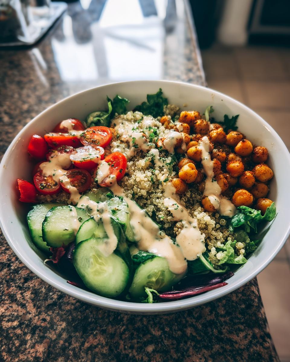 Close-up of a Savory Chickpea Quinoa Buddha Bowl featuring quinoa, roasted chickpeas, cucumbers, tomatoes, and creamy dressing.