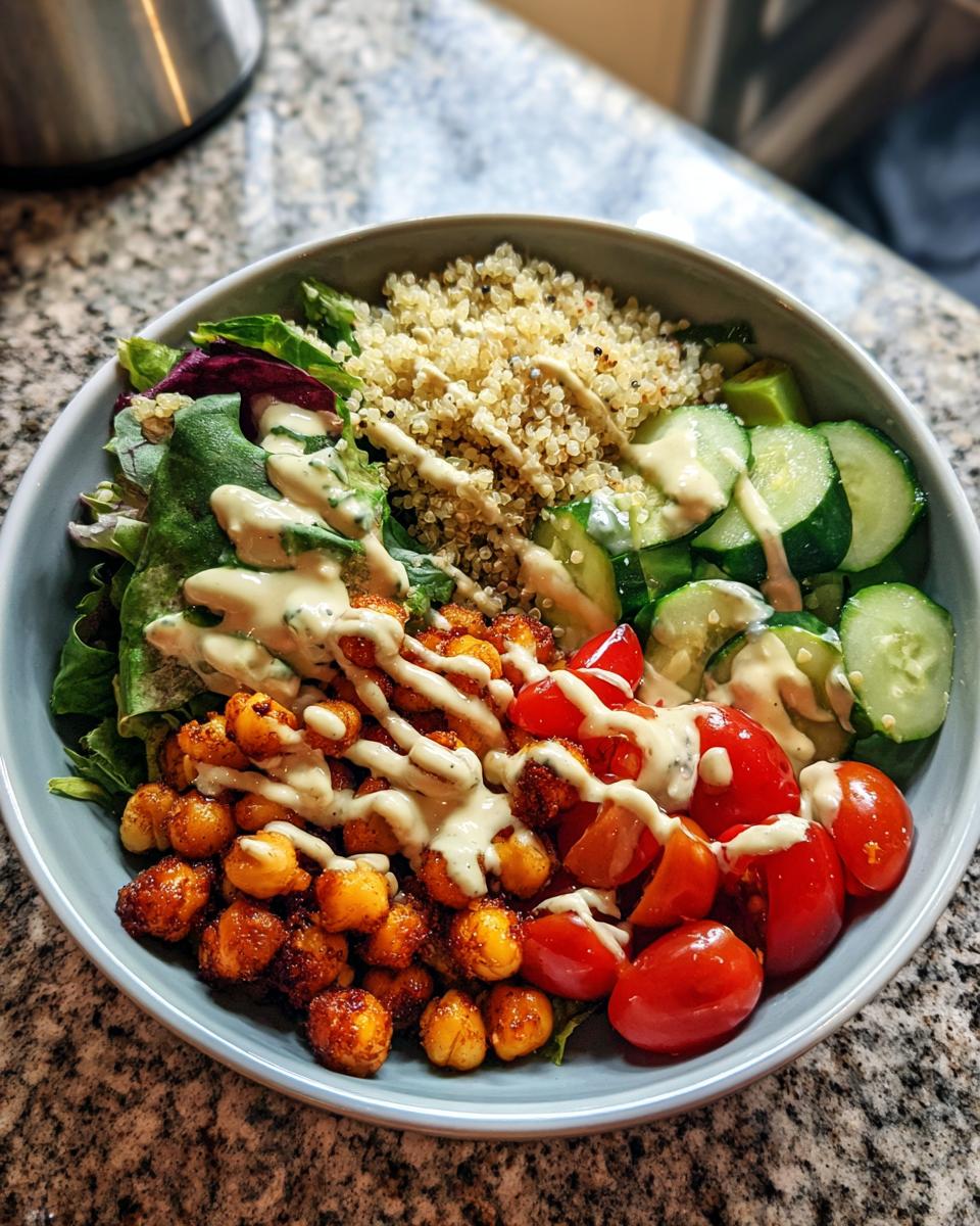 A vibrant Savory Chickpea Quinoa Buddha Bowl featuring roasted chickpeas, quinoa, greens, cucumber, tomatoes, and a creamy drizzle.