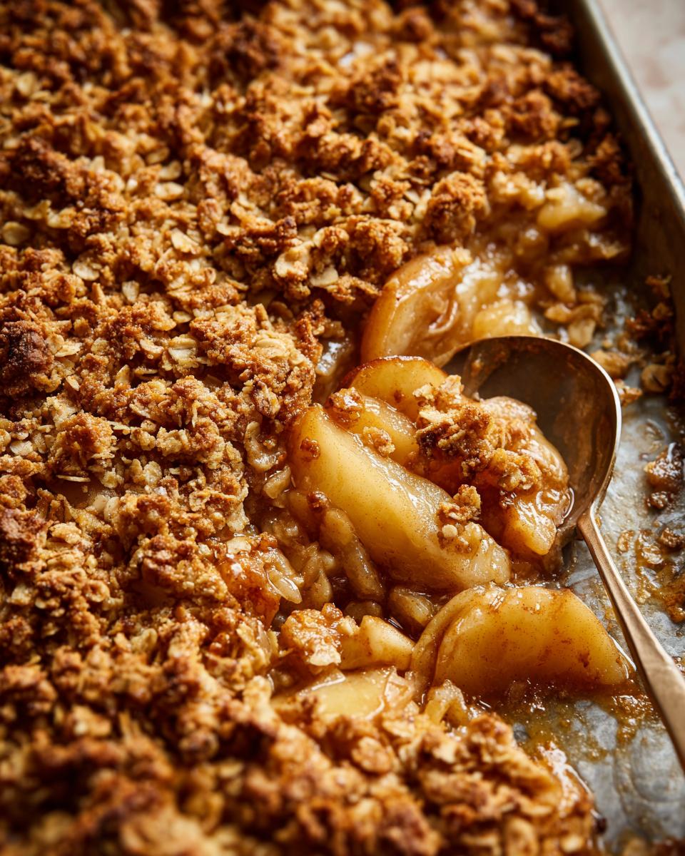 Close-up of Sheet Pan Maple Roasted Pear Crisp, showing caramelized pears and crunchy oat topping with a spoon.