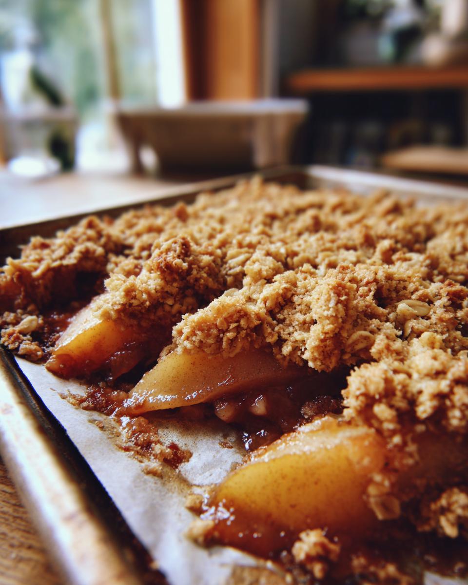 Close-up of Sheet Pan Maple Roasted Pear Crisp with caramelized pears and a thick oat crumble topping.
