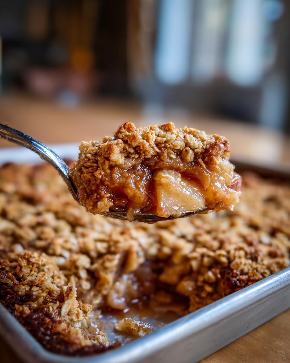 A spoonful of warm Sheet Pan Maple Roasted Pear Crisp showing gooey fruit and crunchy oat topping.