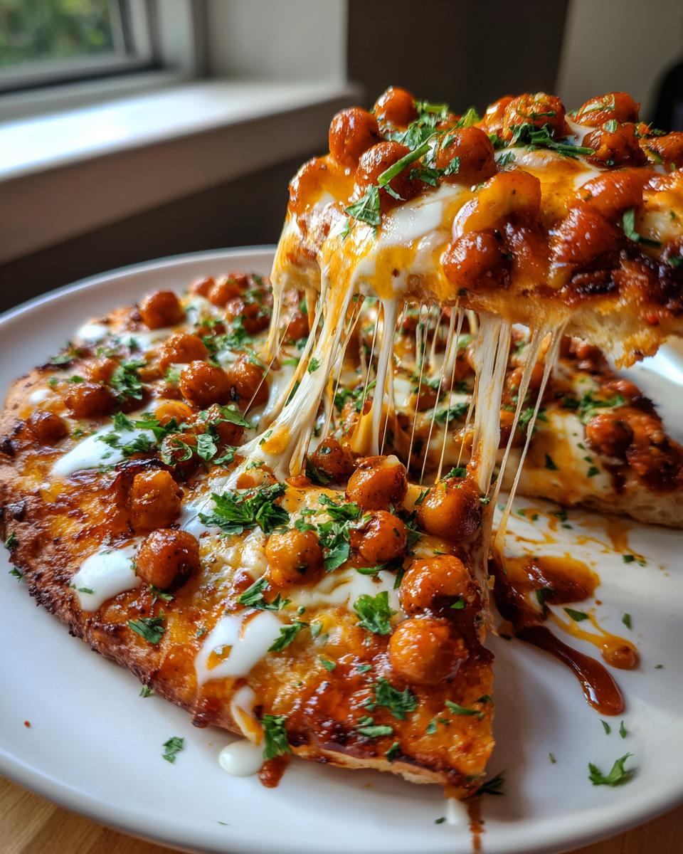 A slice of Sheet Pan Roasted Garlic Buffalo Chickpea Pizza being lifted, showing extreme cheese pull and topped with buffalo chickpeas.