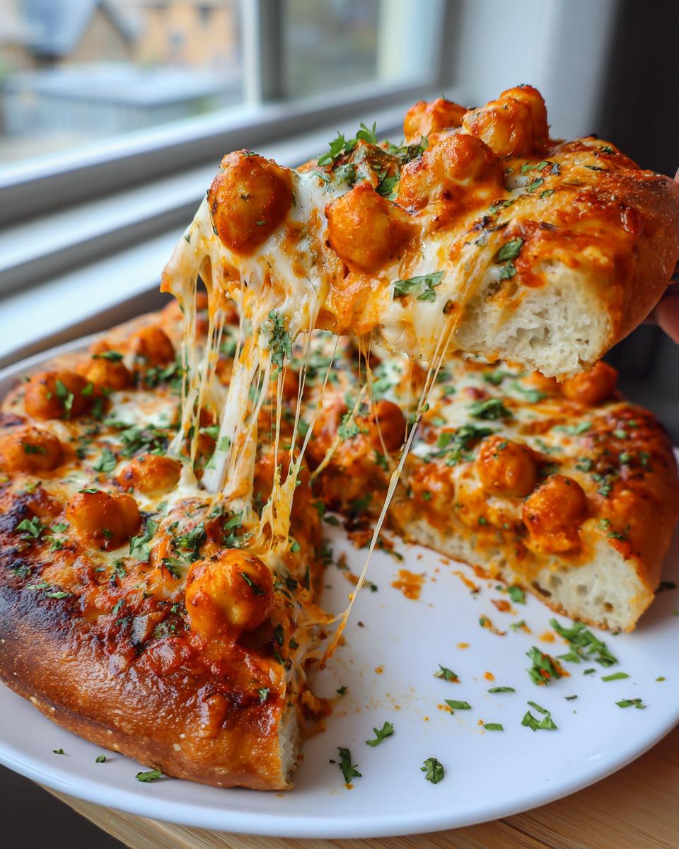 A slice of Sheet Pan Roasted Garlic Buffalo Chickpea Pizza being pulled away, showing extreme cheese stretch and roasted chickpeas.