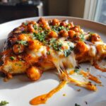 A close-up of a slice of Sheet Pan Roasted Garlic Buffalo Chickpea Pizza with extreme cheese pull and roasted chickpeas.