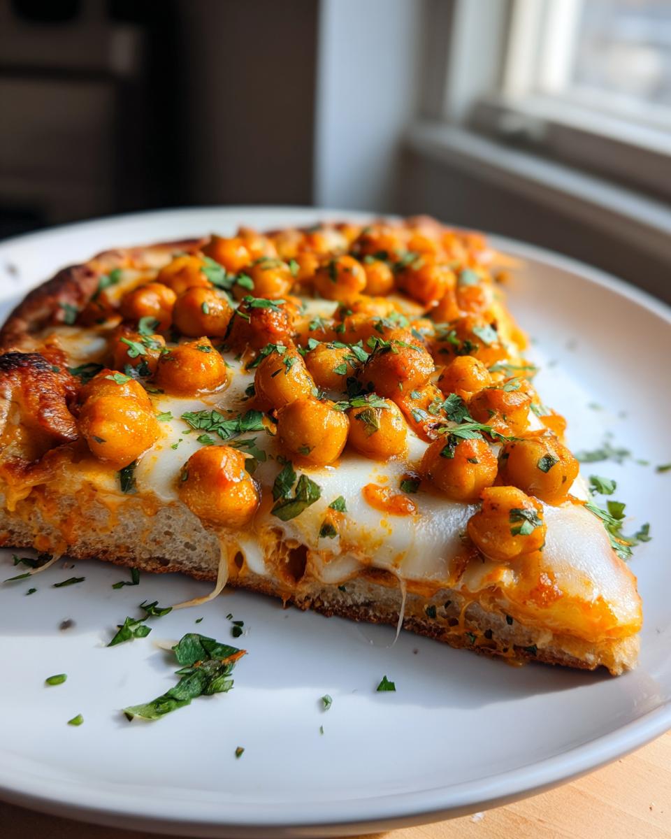 Close-up of a slice of Sheet Pan Roasted Garlic Buffalo Chickpea Pizza with melted cheese and fresh parsley.
