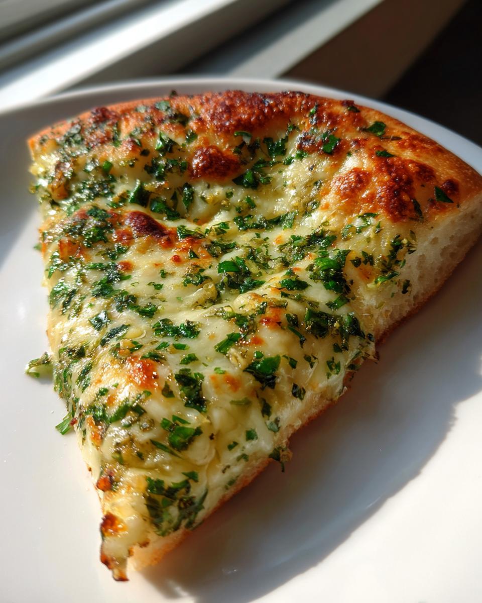 A close-up of one slice of Garlic Herb Cheese Pizza, showing melted cheese and fresh green herbs.