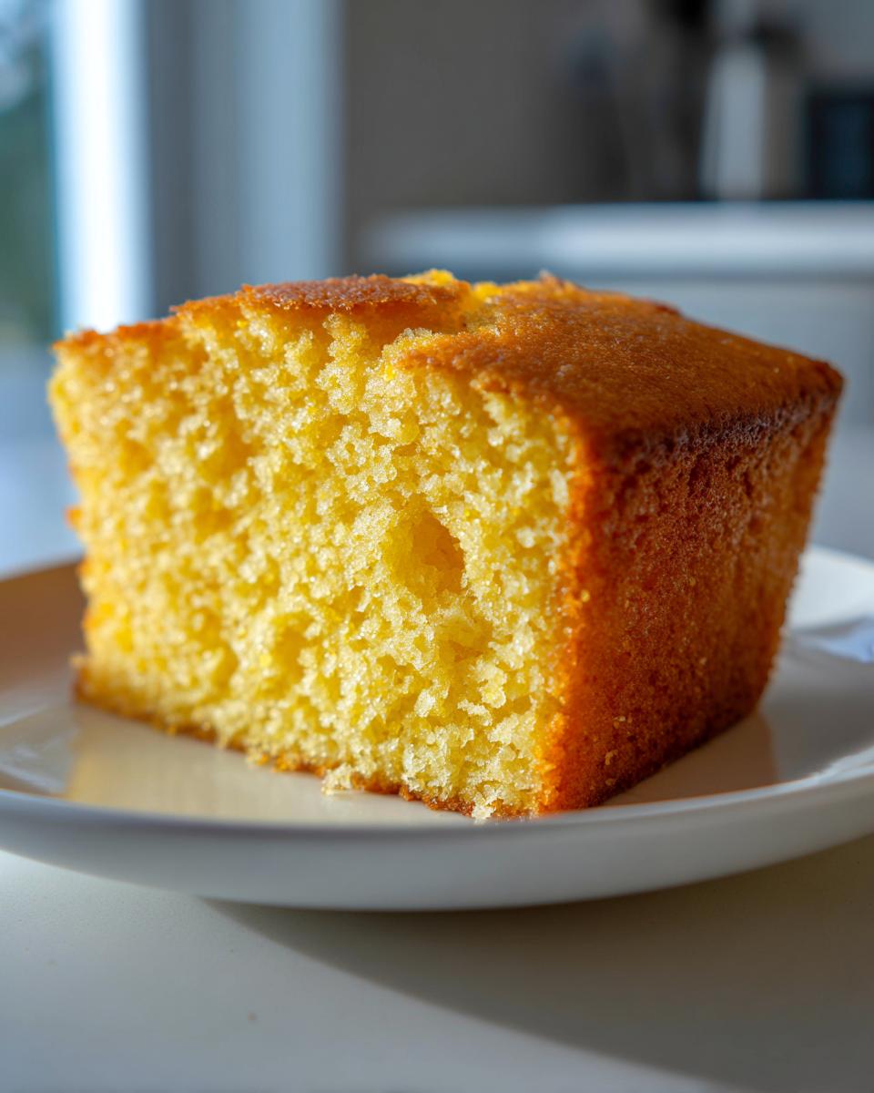 Close-up of a square slice of golden Vegan Sweet Cornbread on a white plate.