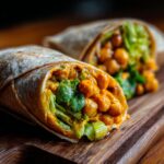 Close-up of a Spicy Buffalo Chickpea Wrap cut in half, showing orange-sauced chickpeas and crisp lettuce.