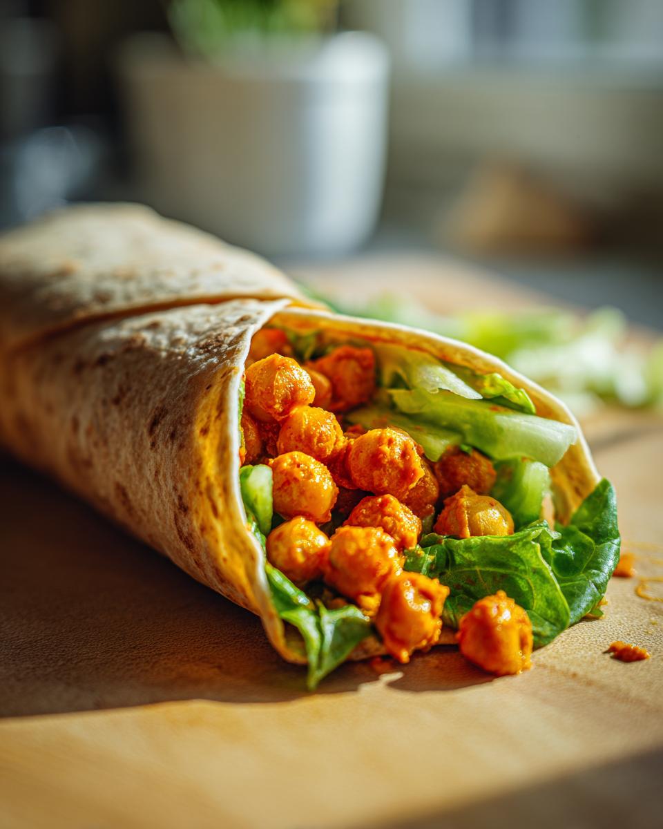 A close-up shot of a Spicy Buffalo Chickpea Wrap, showing orange-coated chickpeas and crisp lettuce spilling out of a tortilla.