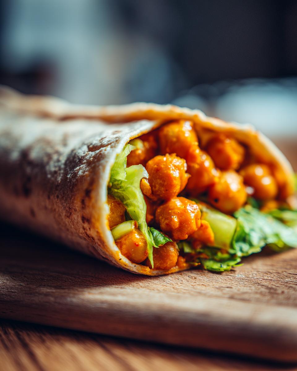 Close-up of a Spicy Buffalo Chickpea Wrap showing orange-coated chickpeas and crisp lettuce inside a tortilla.
