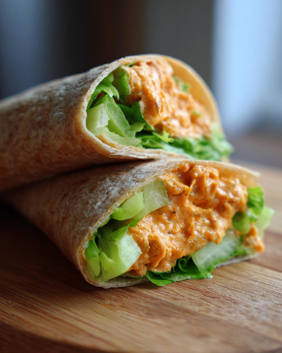 Two halves of a Spicy Buffalo Chickpea Wrap showing creamy orange filling, crisp lettuce, and celery on a wooden board.