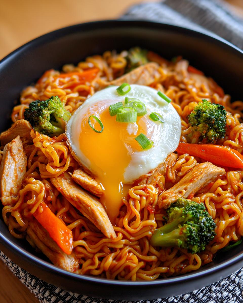 Close-up of Spicy Chili Garlic Ramen With Chicken Veggies topped with a runny fried egg and green onions.