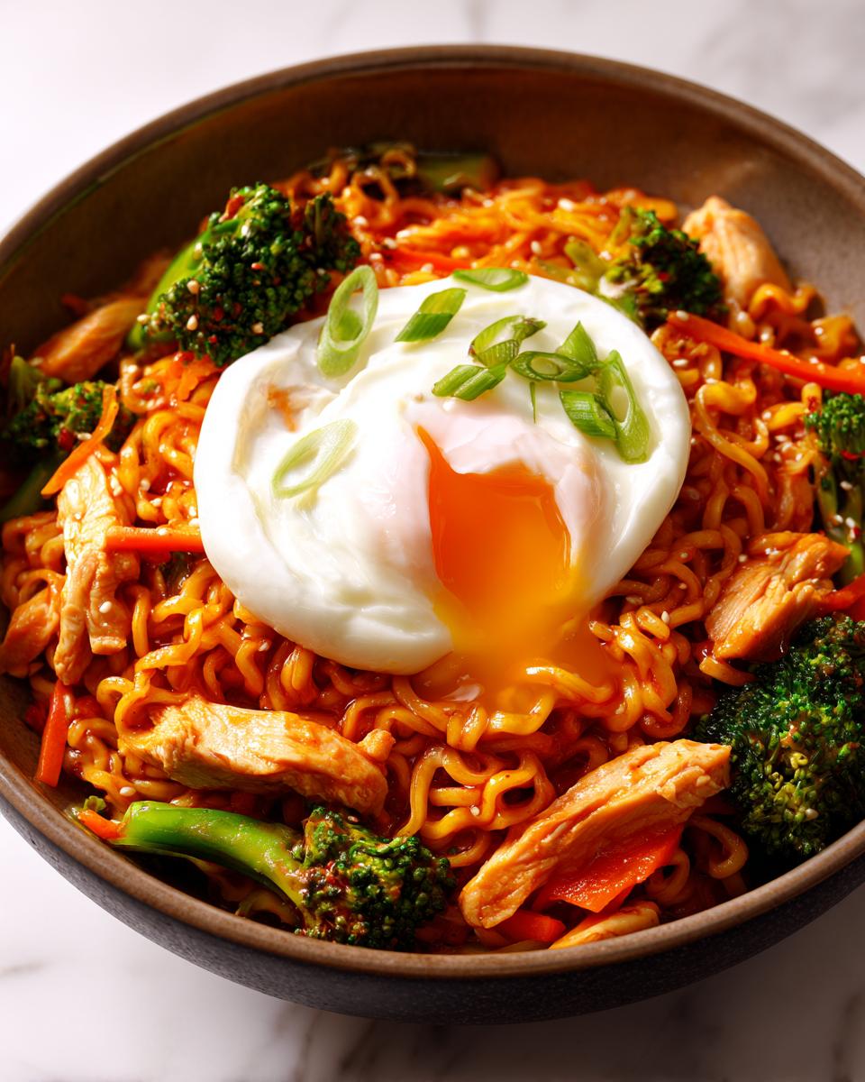Close-up of Spicy Chili Garlic Ramen With Chicken Veggies topped with a perfectly poached egg spilling its yolk.