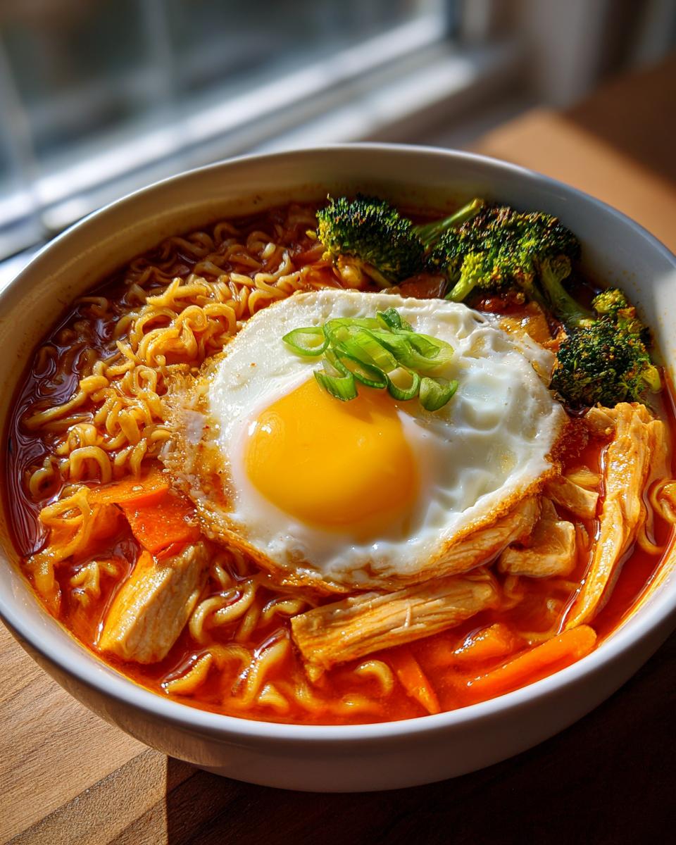 A close-up of Spicy Chili Garlic Ramen With Chicken Veggies topped with a sunny-side-up egg and broccoli.