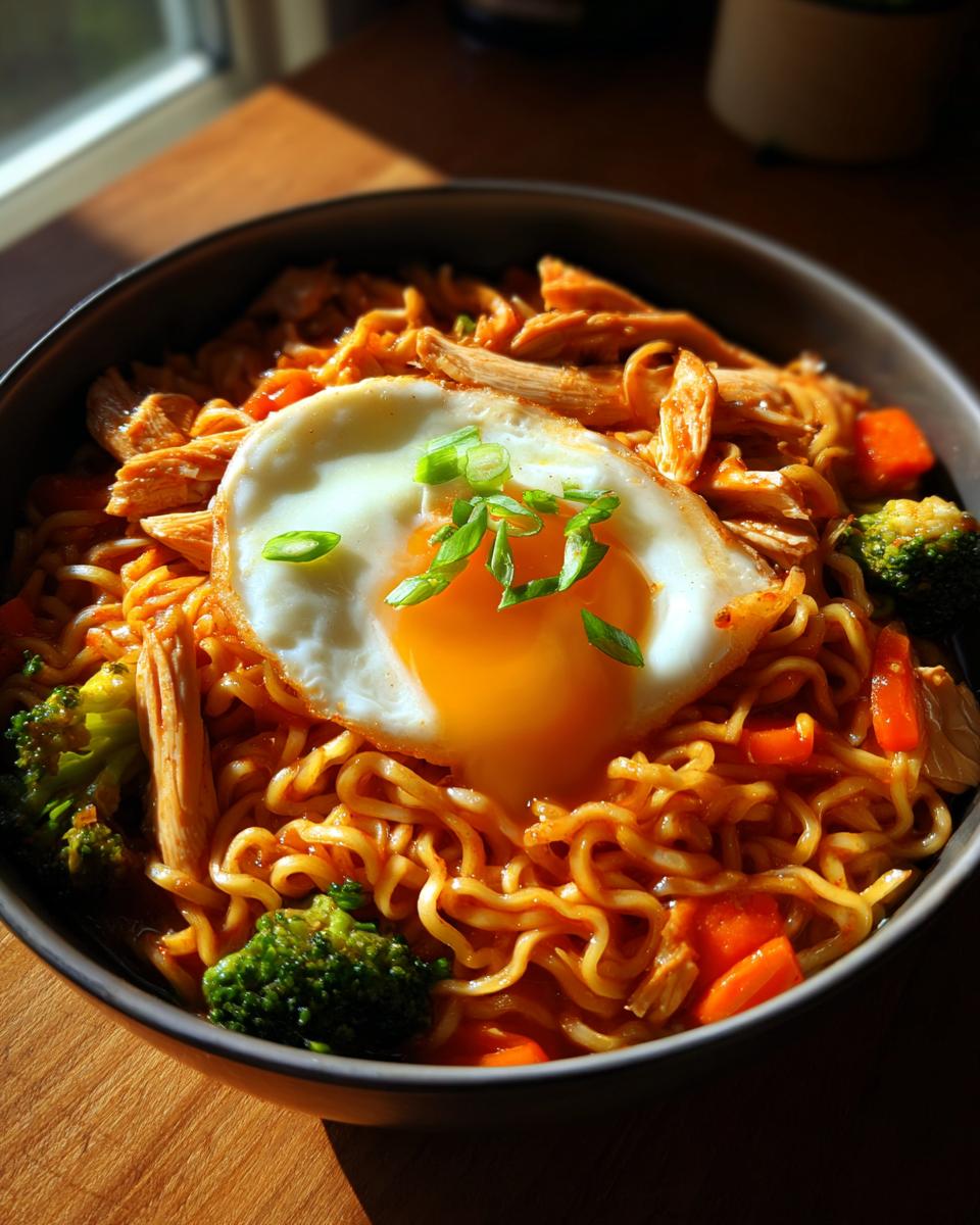 Close-up of Spicy Chili Garlic Ramen With Chicken Veggies topped with a sunny-side-up egg and green onions.