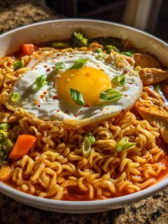 A vibrant bowl of Spicy Chili Garlic Ramen With Chicken Veggies, topped with a sunny-side-up egg and green onions.
