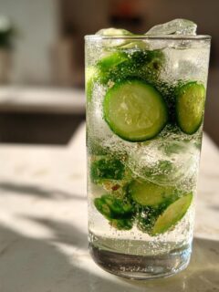 Close-up of a tall glass filled with ice, bubbles, and slices of cucumber for a Spicy Cucumber Mocktail.