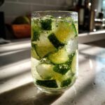 Close-up of a tall glass filled with ice, cucumber slices, and sparkling liquid for a Spicy Cucumber Mocktail.
