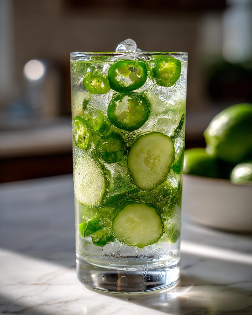 Close-up of a tall glass filled with ice, liquid, cucumber slices, and bright green jalapeño slices for a Spicy Cucumber Mocktail.