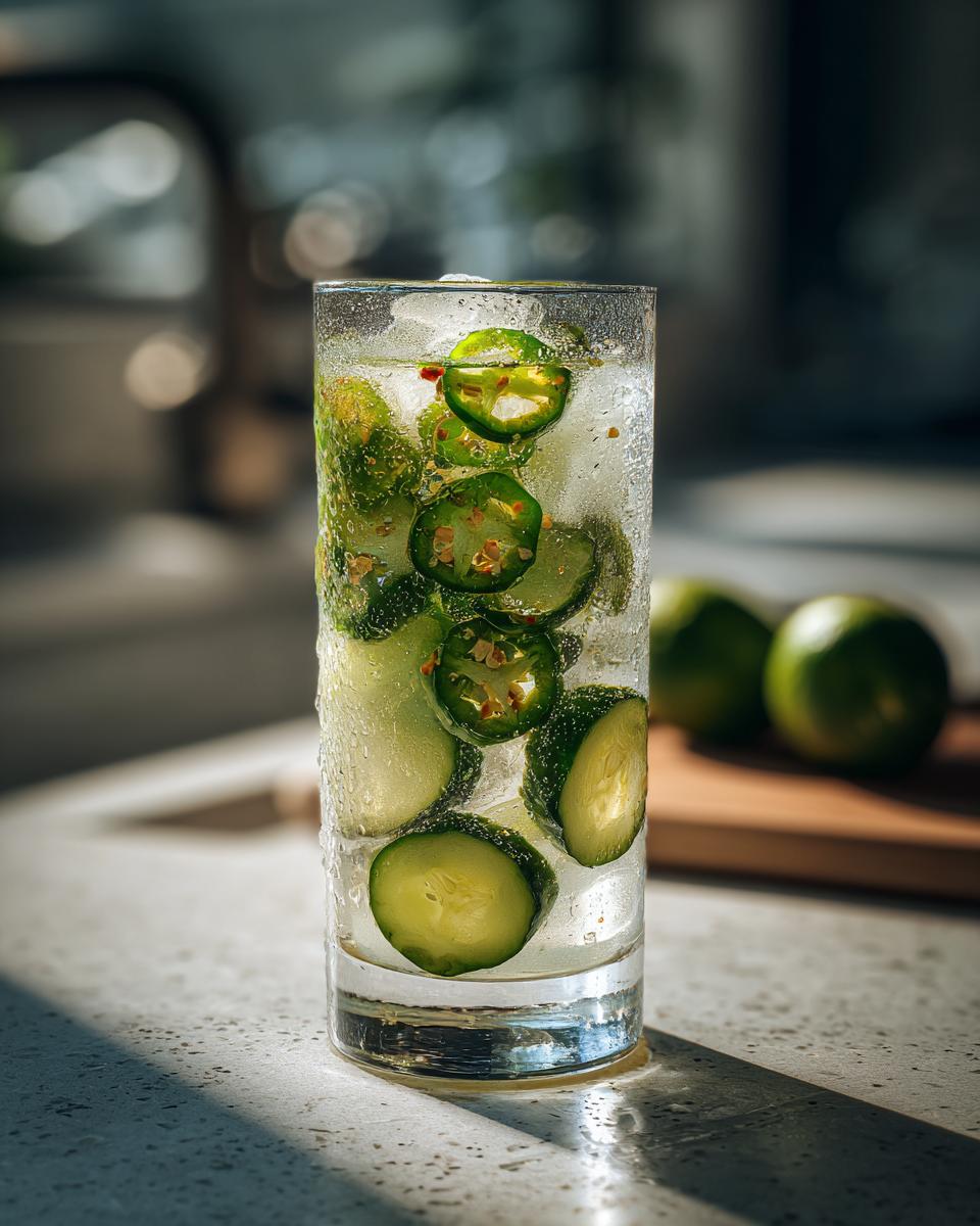 Close-up of a tall glass filled with ice, cucumber slices, and jalapeño slices for a Spicy Cucumber Mocktail.