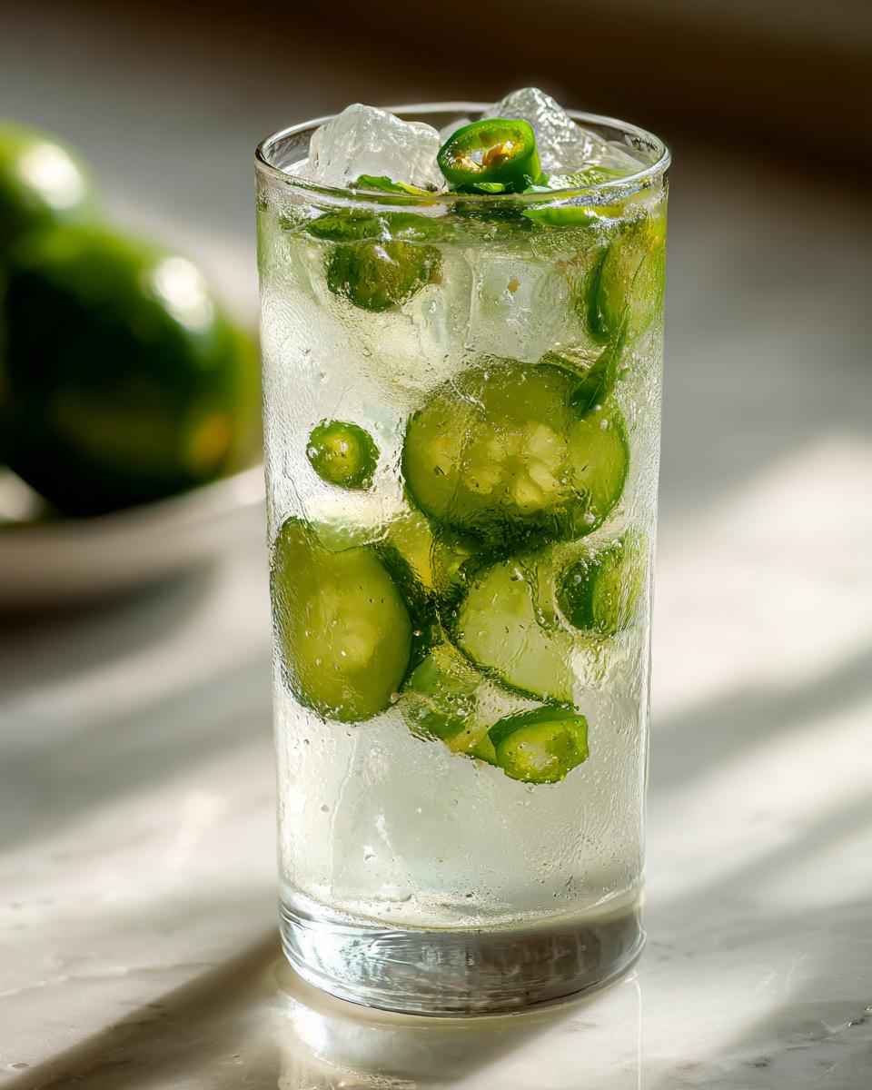Close-up of a tall glass filled with ice, liquid, cucumber slices, and jalapeño slices for a Spicy Cucumber Mocktail.