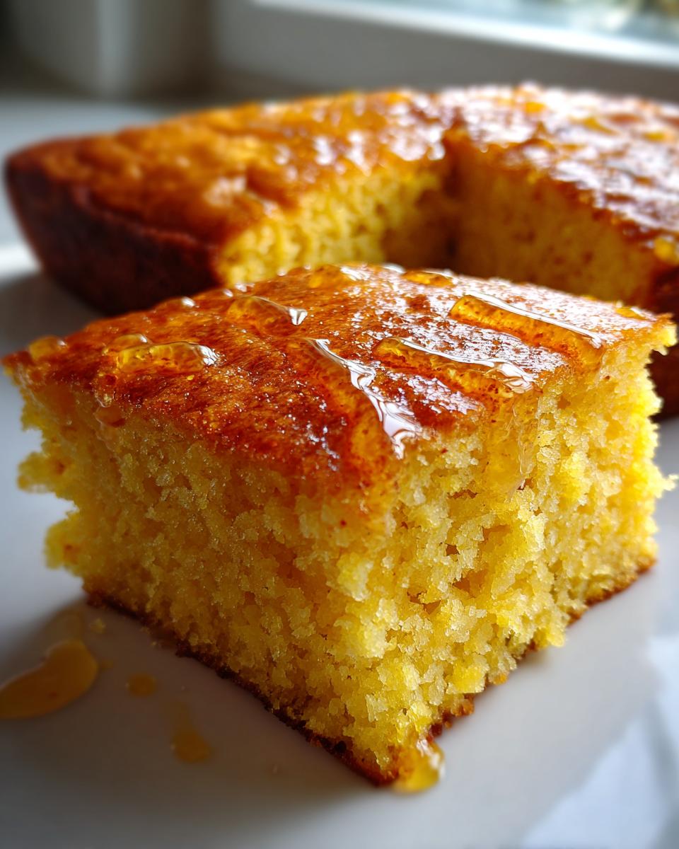 Close-up of a square slice of moist, yellow Spicy Honey Butter Cornbread topped with glistening honey.