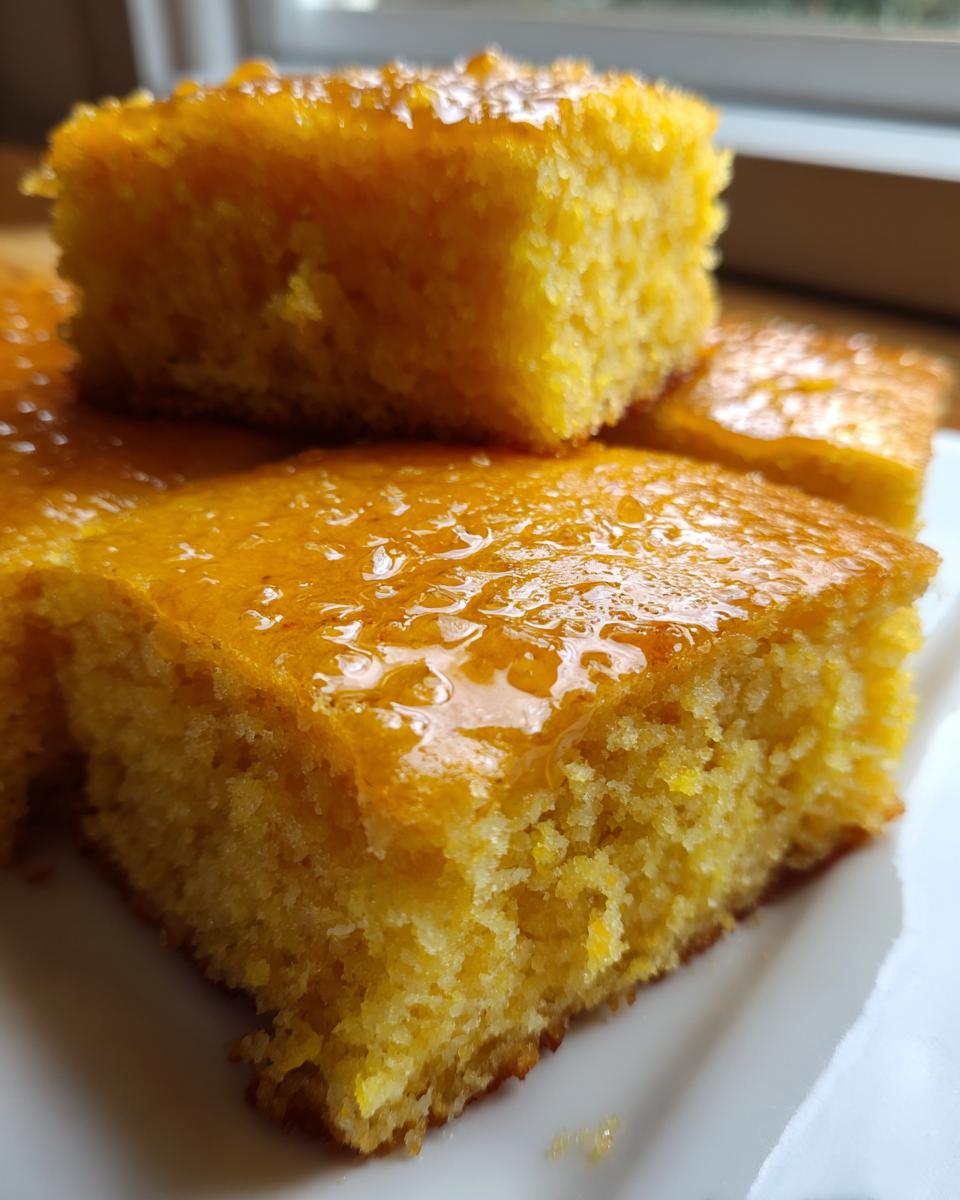Close-up of moist, golden Spicy Honey Butter Cornbread squares stacked on a white plate, glistening with honey glaze.