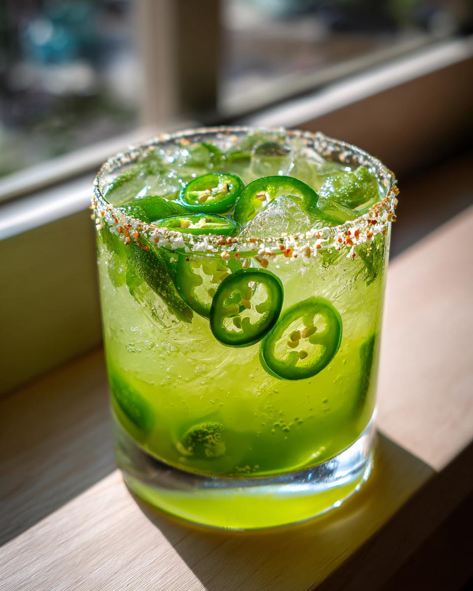 Close-up of a vibrant green Spicy Jalapeno Margarita Mocktail garnished with fresh jalapeno slices and a chili-salt rim.