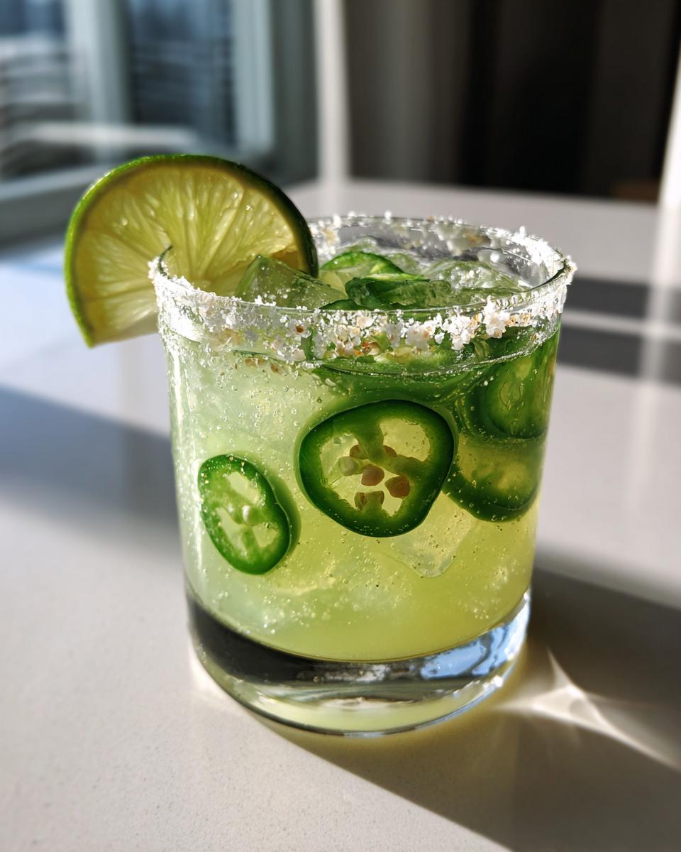 Close-up of a Spicy Jalapeno Margarita Mocktail with lime wedge and salt rim.