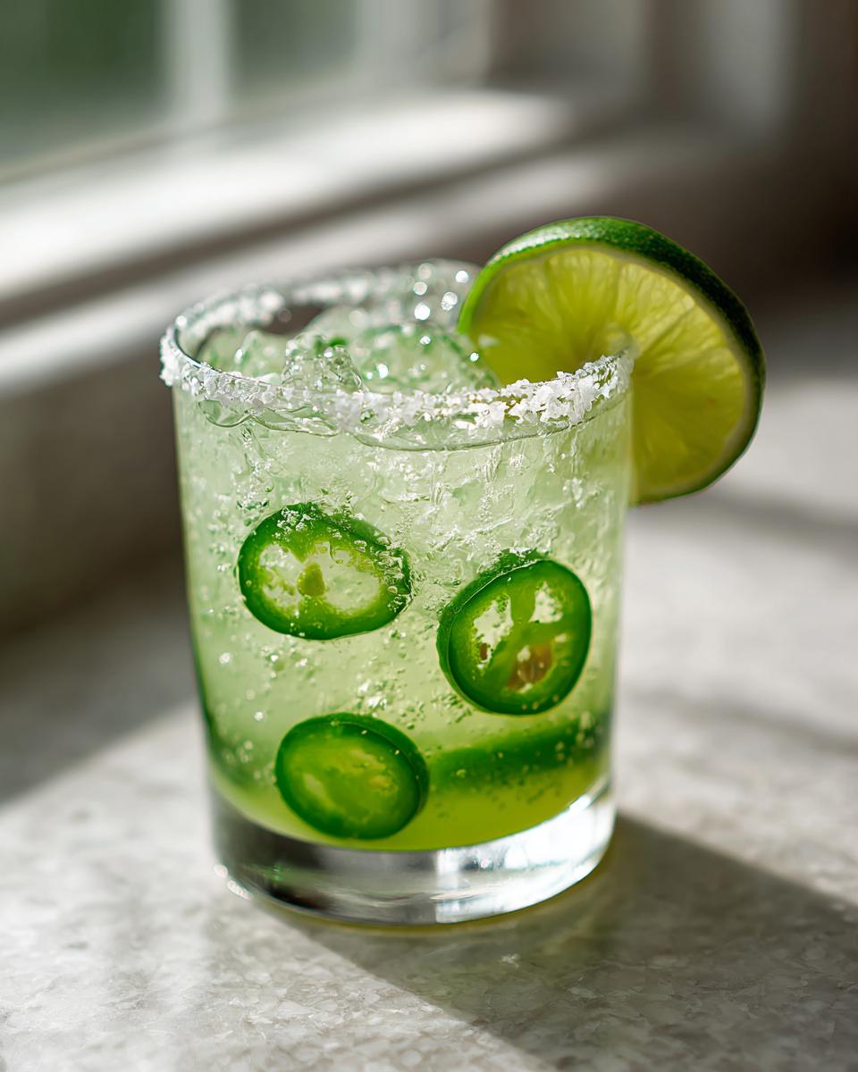 Close-up of a Spicy Jalapeno Margarita Mocktail in a salt-rimmed glass with ice and floating jalapeno slices.