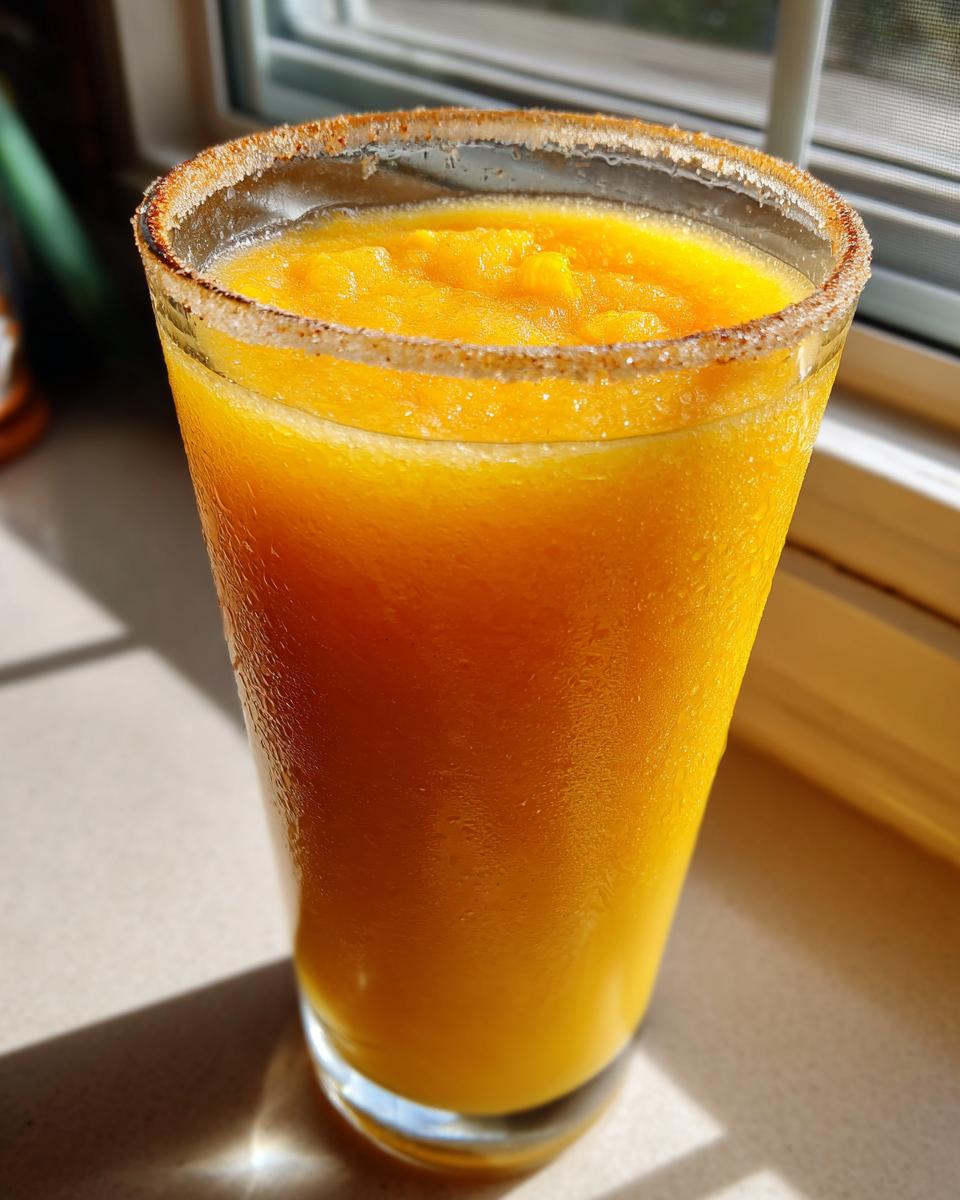 Close-up of a tall glass filled with a bright orange, icy Spicy Mango Margarita Mocktail, featuring a chili-sugar rim.