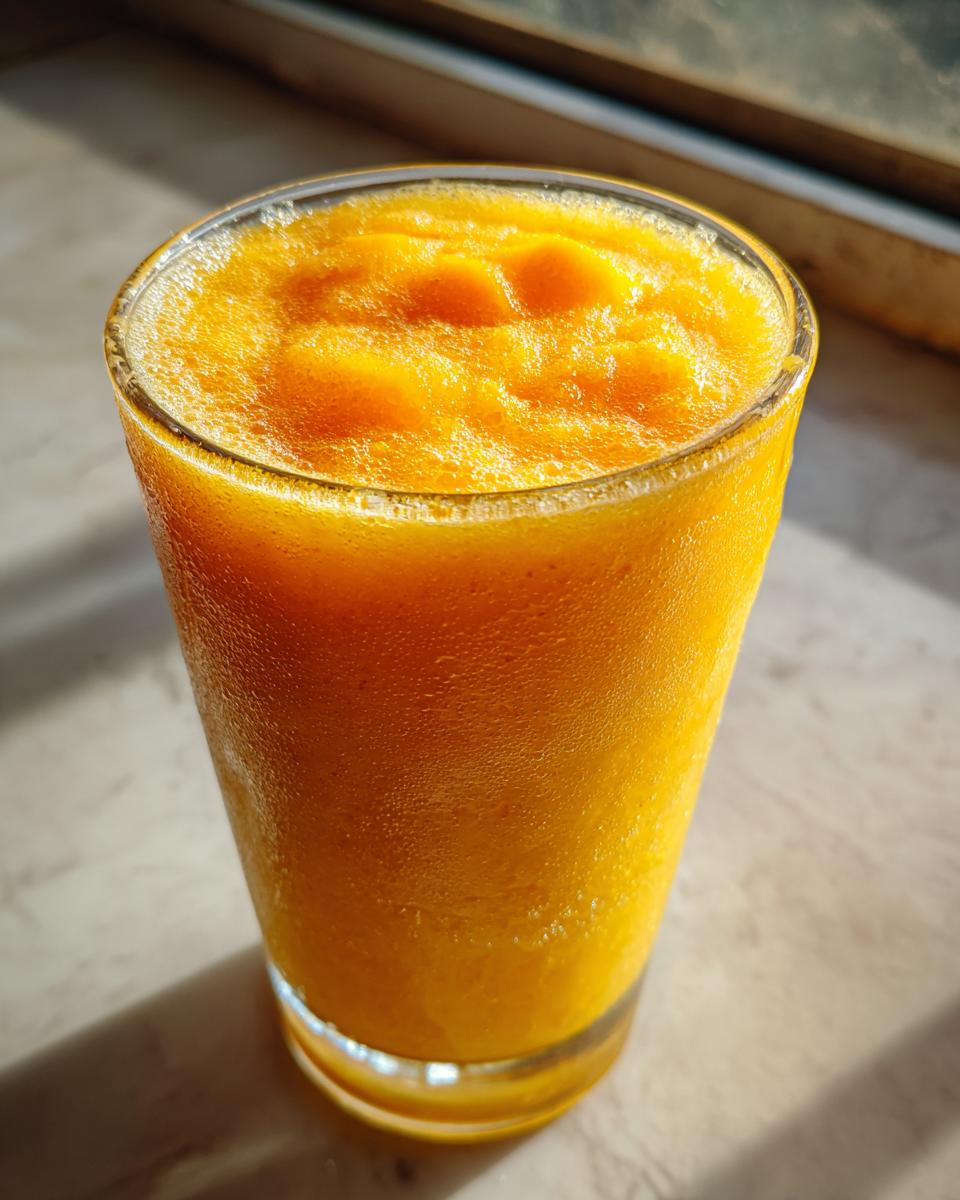 Close-up of a frosty glass filled with a bright orange, frozen Spicy Mango Margarita Mocktail.