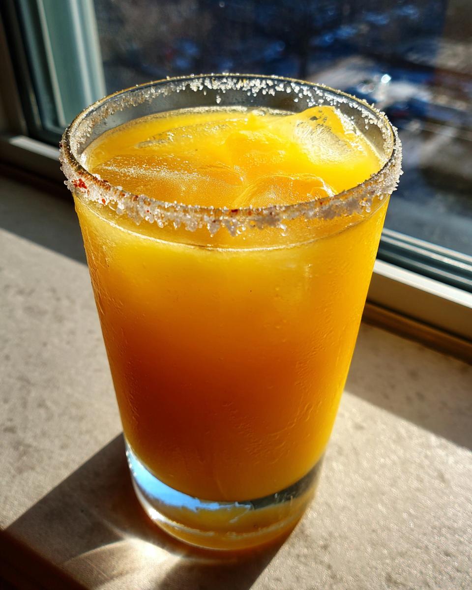 Close-up of a vibrant orange Spicy Mango Margarita Mocktail with a salt and chili rim, sitting by a sunny window.