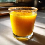 Close-up of a vibrant orange Spicy Mango Margarita Mocktail with a chili-sugar rim.