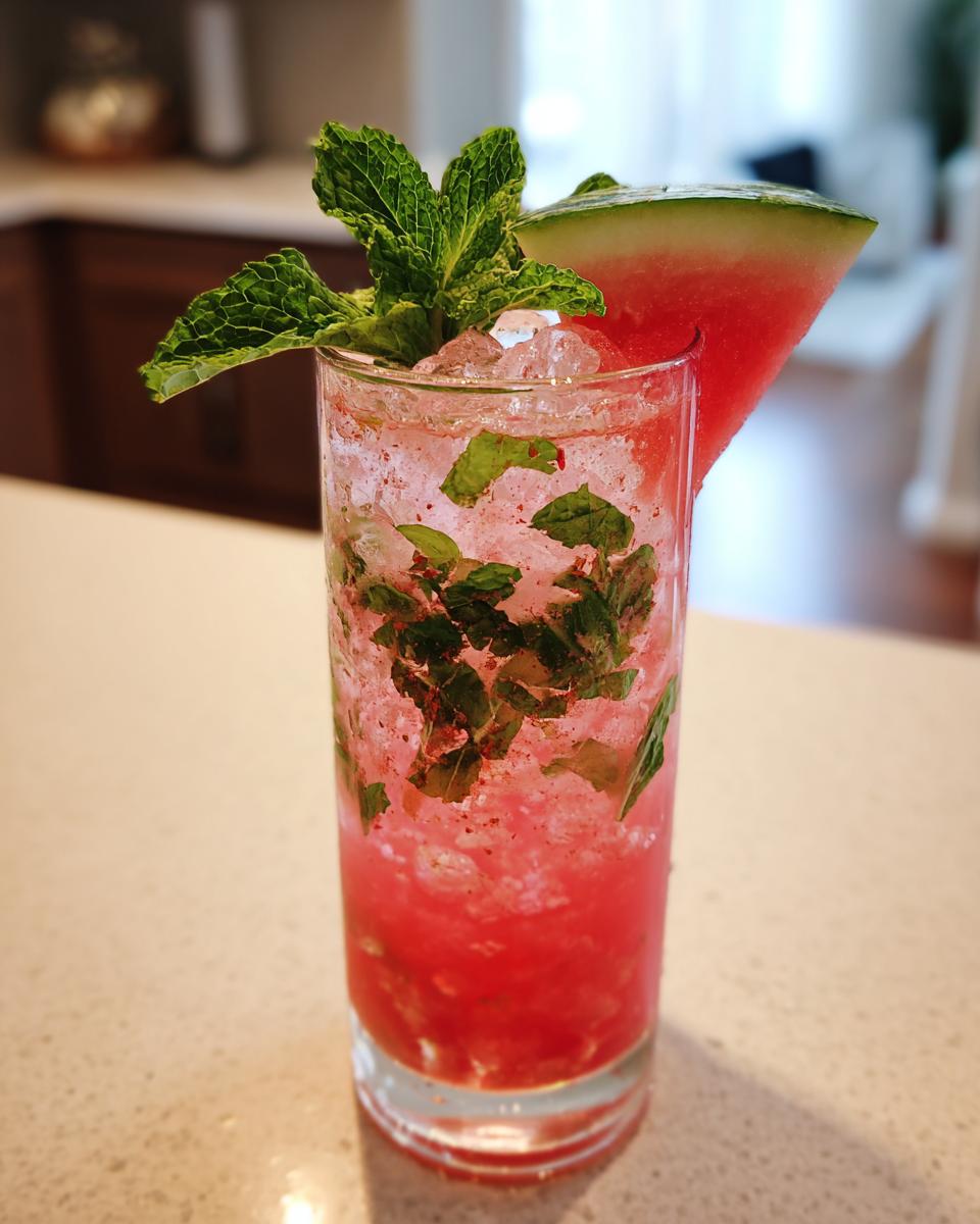 A tall glass filled with a vibrant red Spicy Watermelon Mojito Mocktail, crushed ice, mint, and a watermelon wedge garnish.