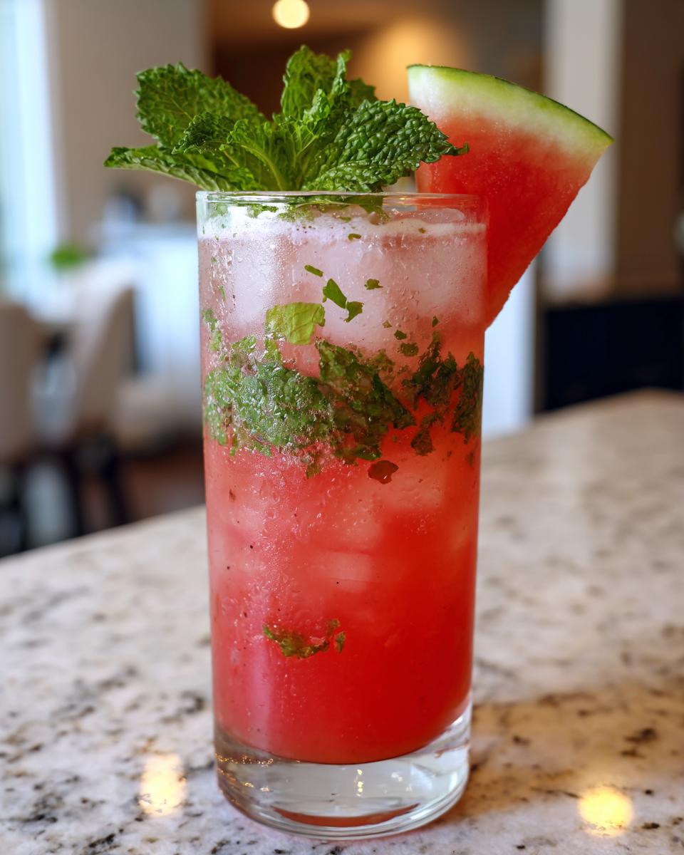 A tall glass filled with a vibrant red Spicy Watermelon Mojito Mocktail, garnished with fresh mint and a watermelon wedge.