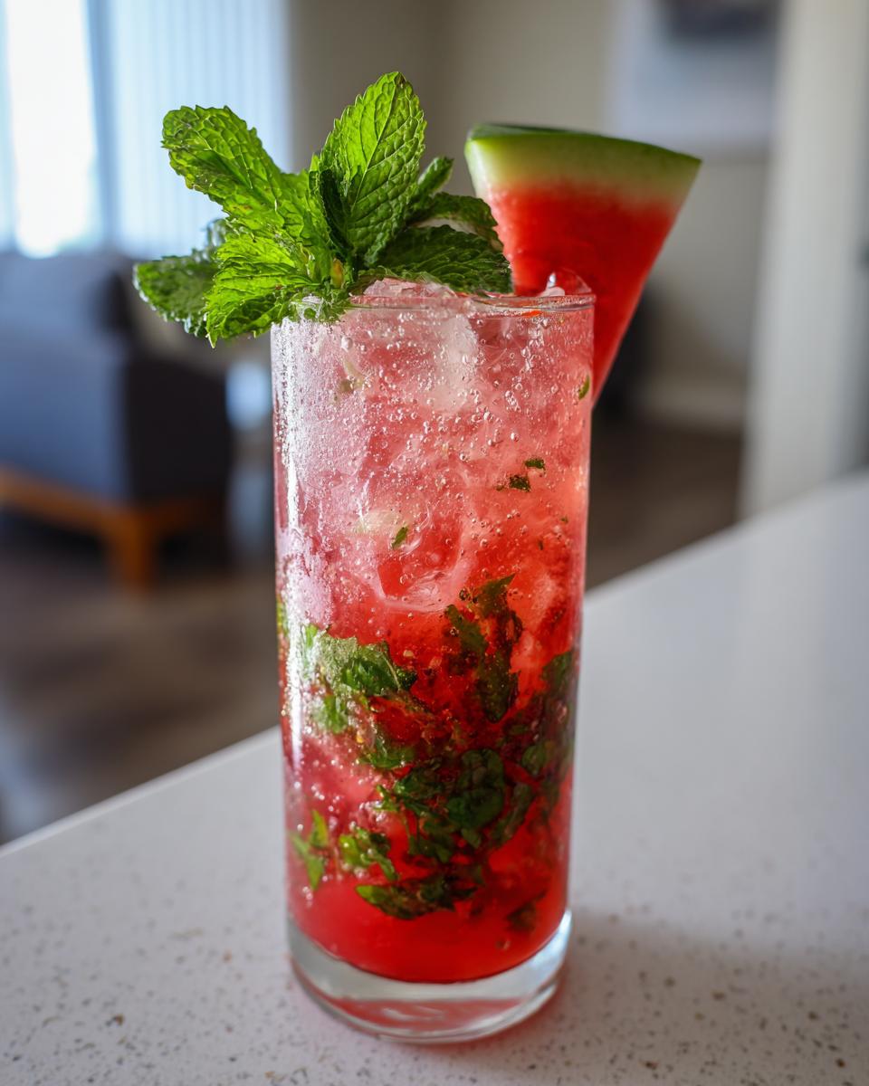 A tall glass filled with a vibrant red Spicy Watermelon Mojito Mocktail, garnished with fresh mint and a watermelon wedge.