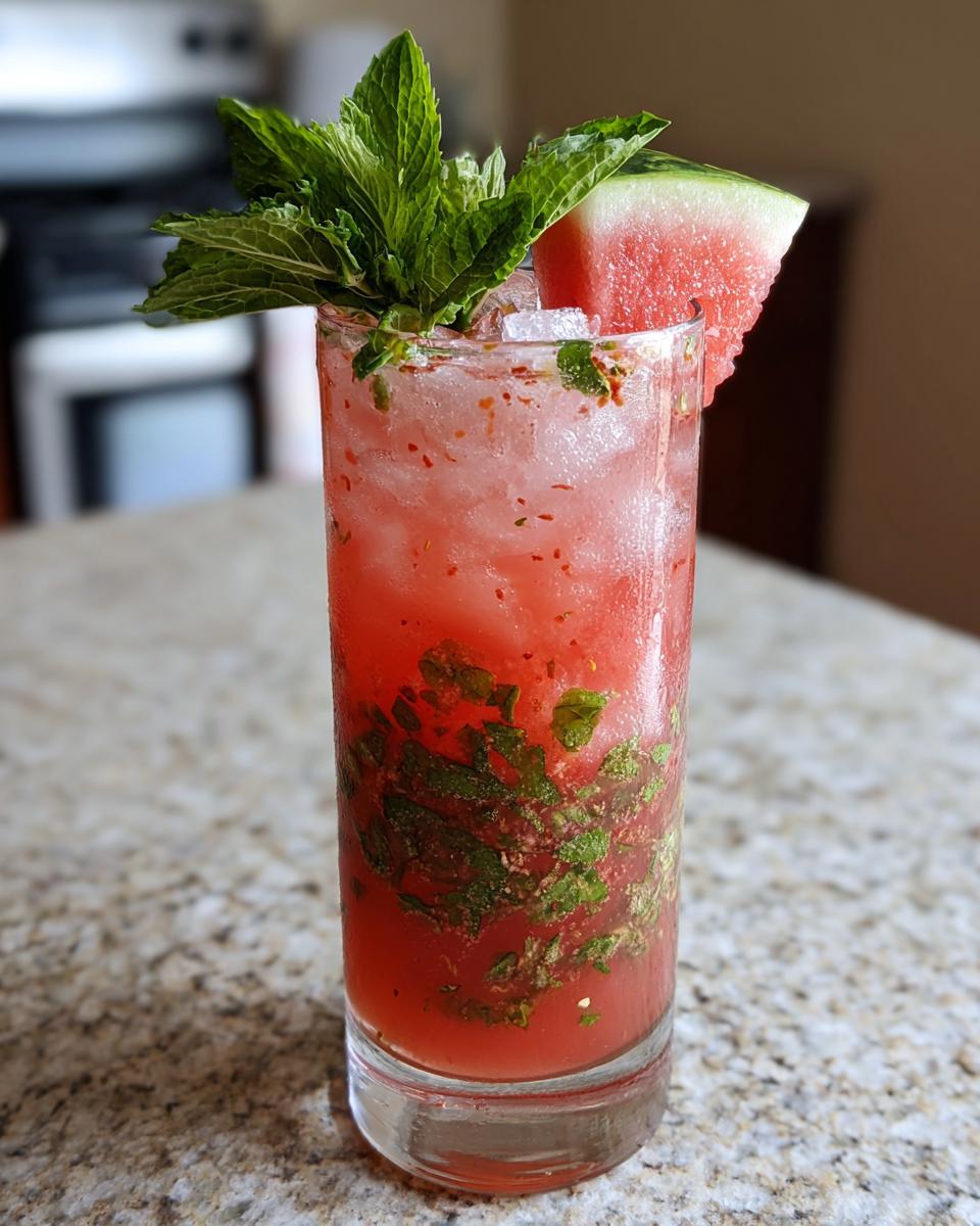 A tall glass filled with a vibrant red Spicy Watermelon Mojito Mocktail, muddled mint, and ice, garnished with mint sprigs and a watermelon wedge.