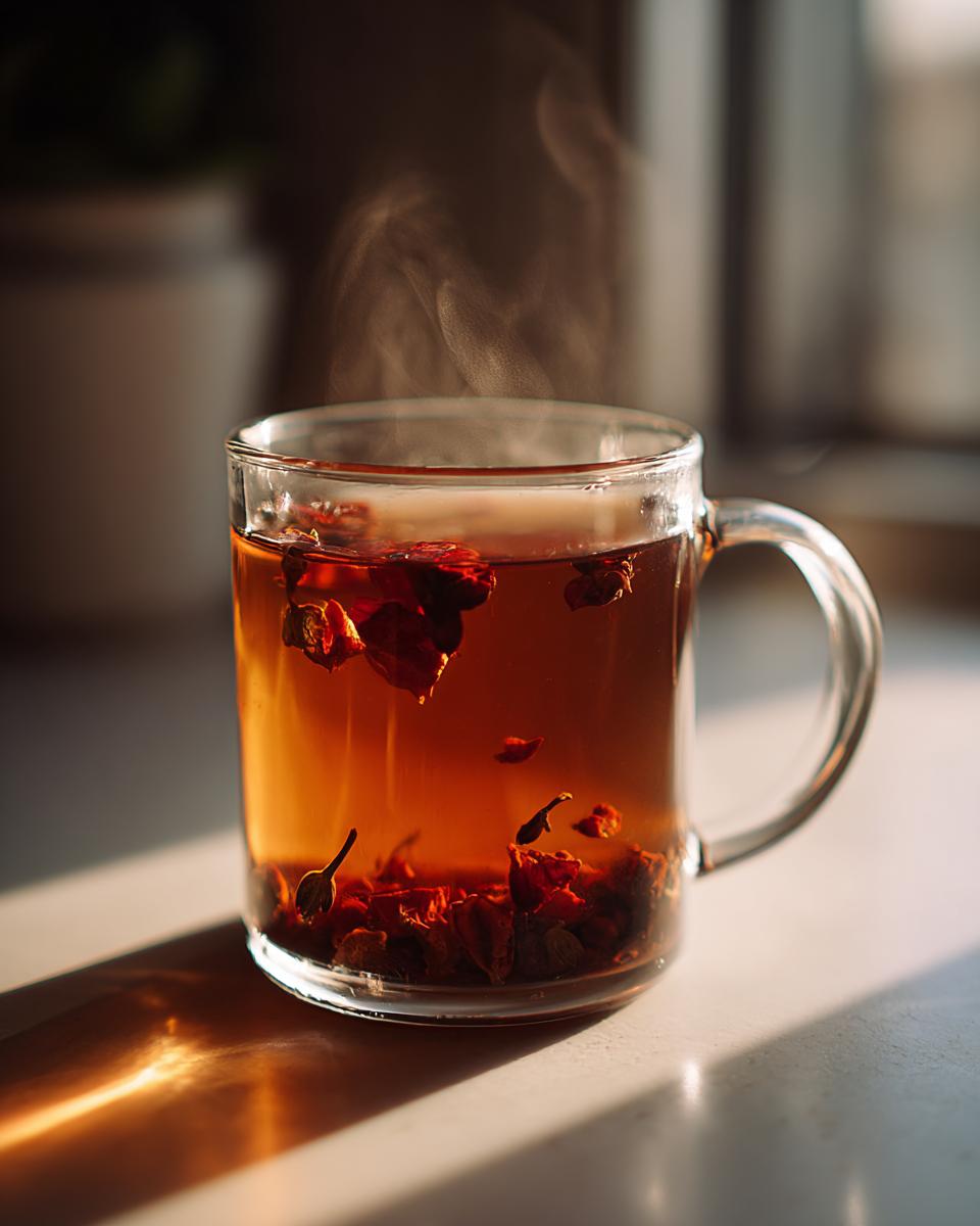 A clear glass mug filled with hot, amber-colored Roasted Dandelion Strawberry Tea, showing floating dried ingredients and steam rising.