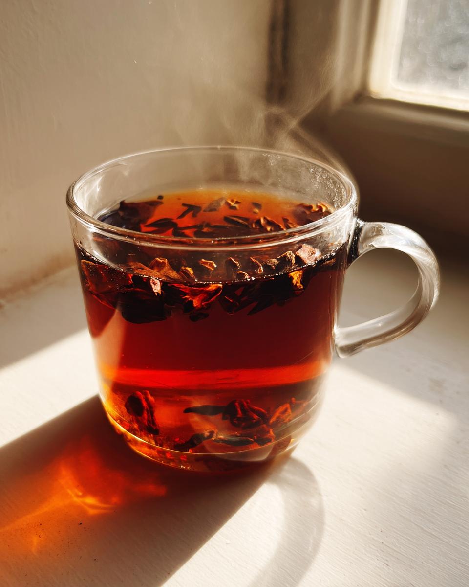 A clear glass mug filled with hot, dark amber Roasted Dandelion Strawberry Tea, showing floating pieces of ingredients, steaming near a window.