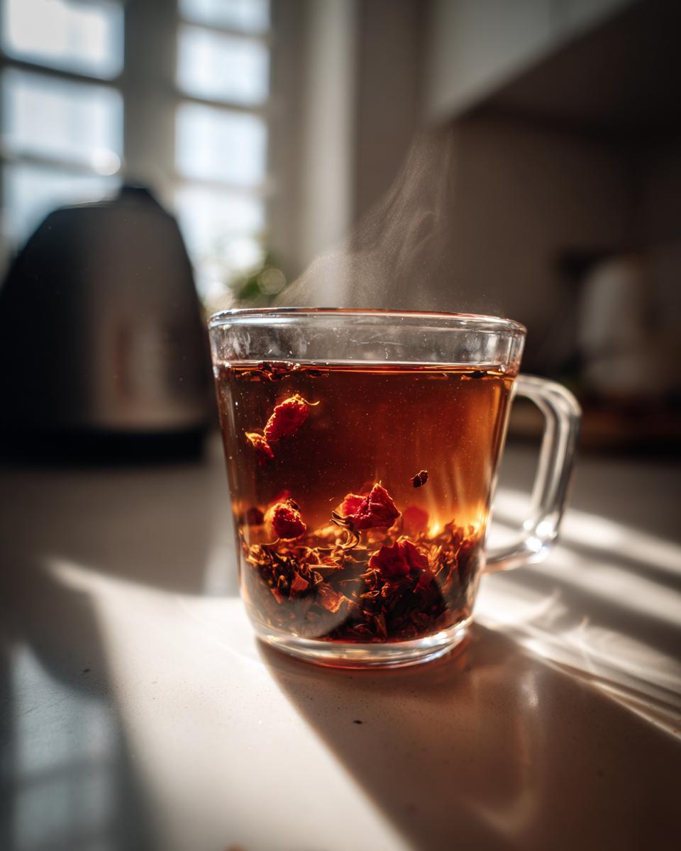 Close-up of hot Roasted Dandelion Strawberry Tea steeping in a clear glass mug, showing dried ingredients.