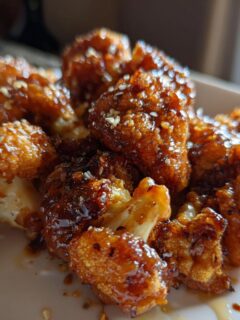 Close-up of crispy Sticky Coca Cola Cauliflower Wings coated in a dark, glossy glaze and sprinkled with sesame seeds.