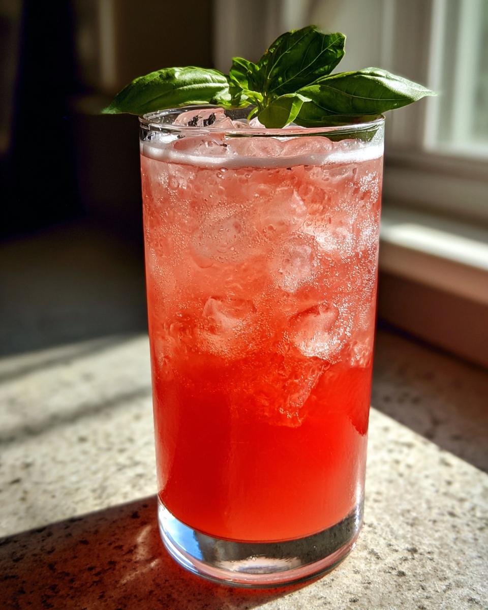 A tall glass filled with a vibrant red Strawberry Basil Pineapple Mocktail over ice, garnished with fresh basil leaves.