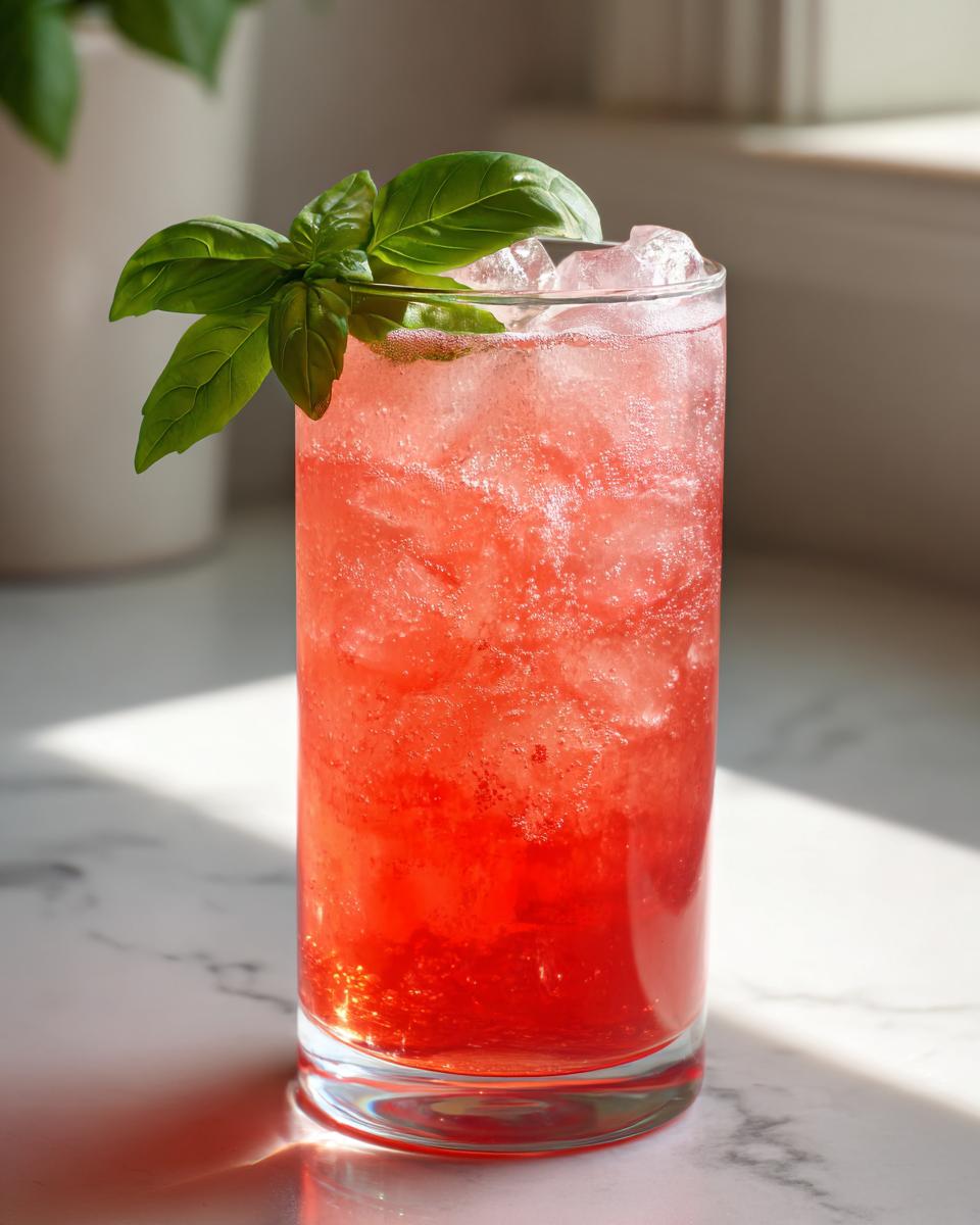 Close-up of a tall glass filled with a bright red Strawberry Basil Pineapple Mocktail over ice, garnished with fresh basil leaves.